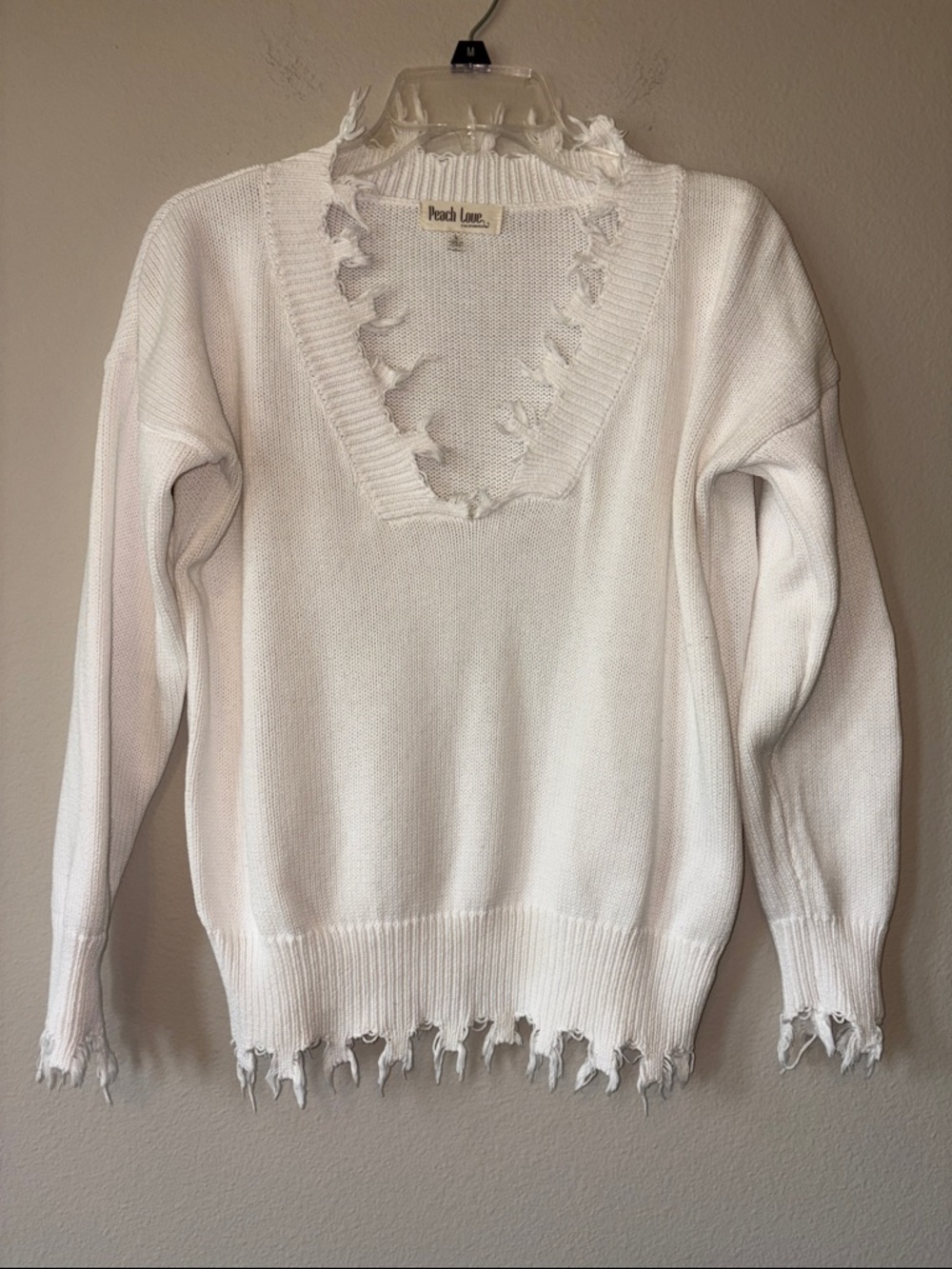Peach Love California White Distressed V-Neck Sweater